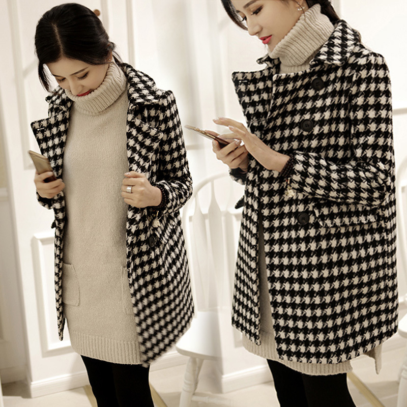 Autumn and Winter New Style 2025 Plus Cotton Mid-Length Double-Breasted Cocoon-Shaped Houndstooth Coat Korean Style Woolen Outwear for Women
