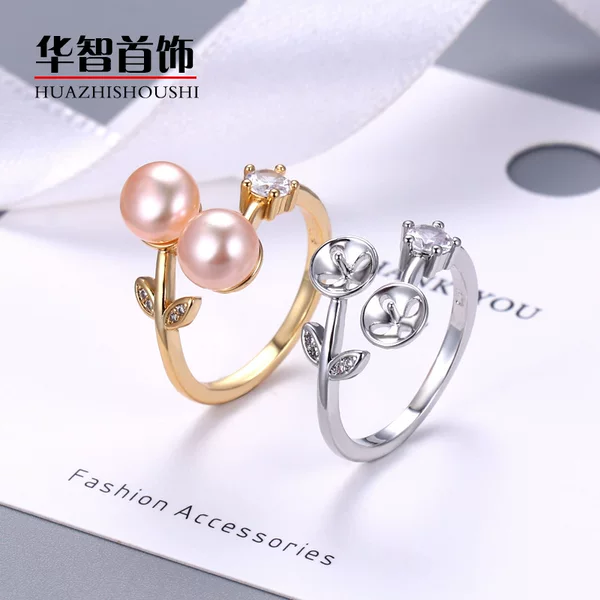 Japanese and Korean Fashion Leaf Freshwater Pearl Ring Simple Design ins Cold Style Open Double Pearl Ring Ring