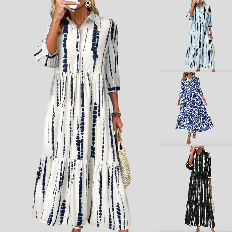 2025 Autumn and Winter New Long Skirt Dress Shirt European and American Fashion Printed Women's Clothing Cross-Border Shein Amazon