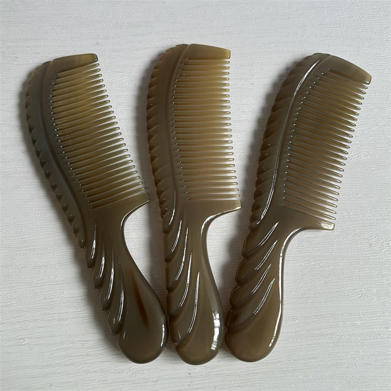 White Yak Horn Comb Round Handle Massage Hair Comb 18cm Carved Design overview