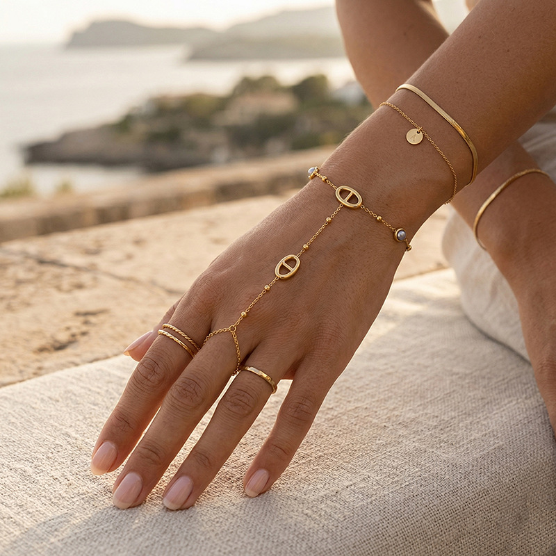Tina Amazon explotador transfronterizo de acero inoxidable chapado en oro de 18 quilates pulsera de dedos nicho cerdo diseño nariz joyería de mano mujer