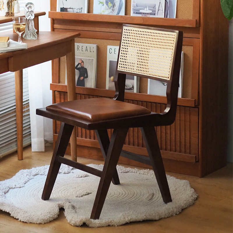 Solid Wood Rattan Dining Chair Home French Retro Chandigarh Back Chair Wabi-Sabi Style Coffee Restaurant Soft Chair
