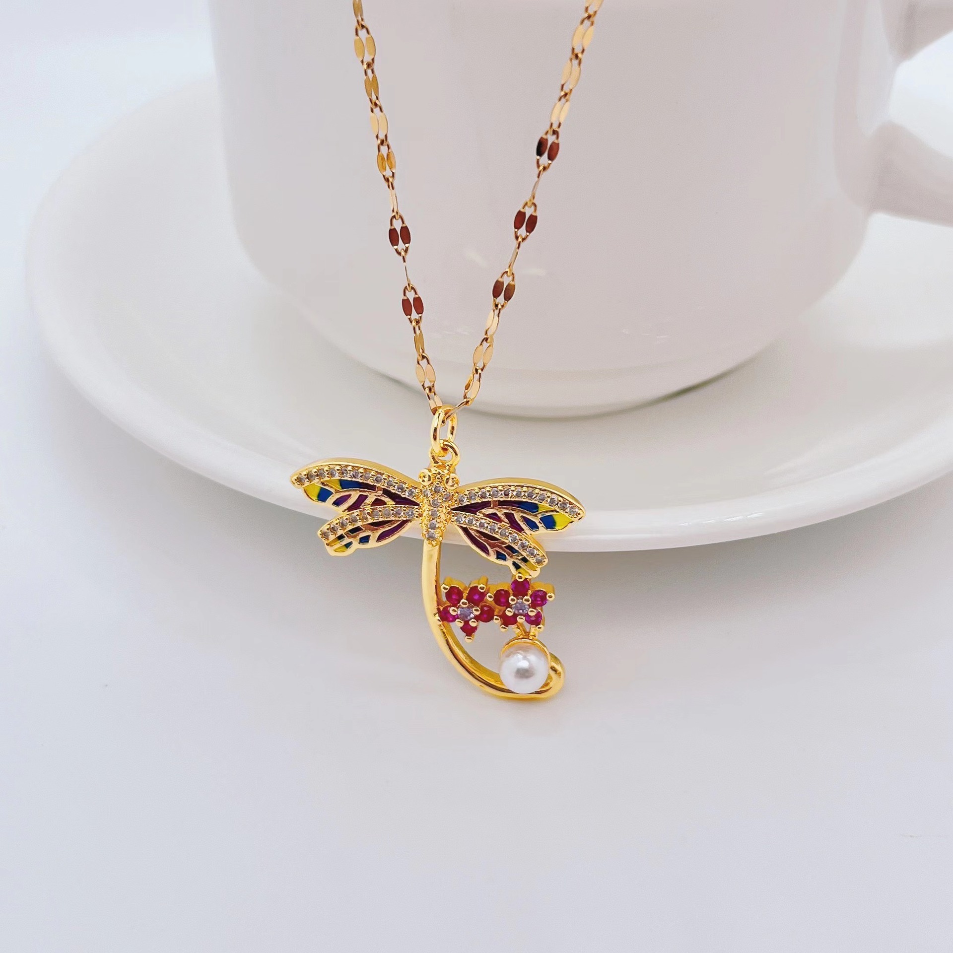 Fashion Dragonfly Elephant Titanium Steel Necklace Inlay Rhinestone Stainless Steel Necklaces