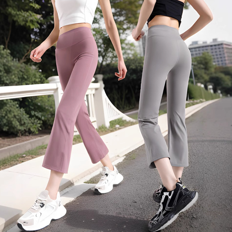 Women's Cropped Flared Cigarette Pants, Yoga Pants, Summer Thin High-Waisted Sports Casual Pants with No Awkward Lines