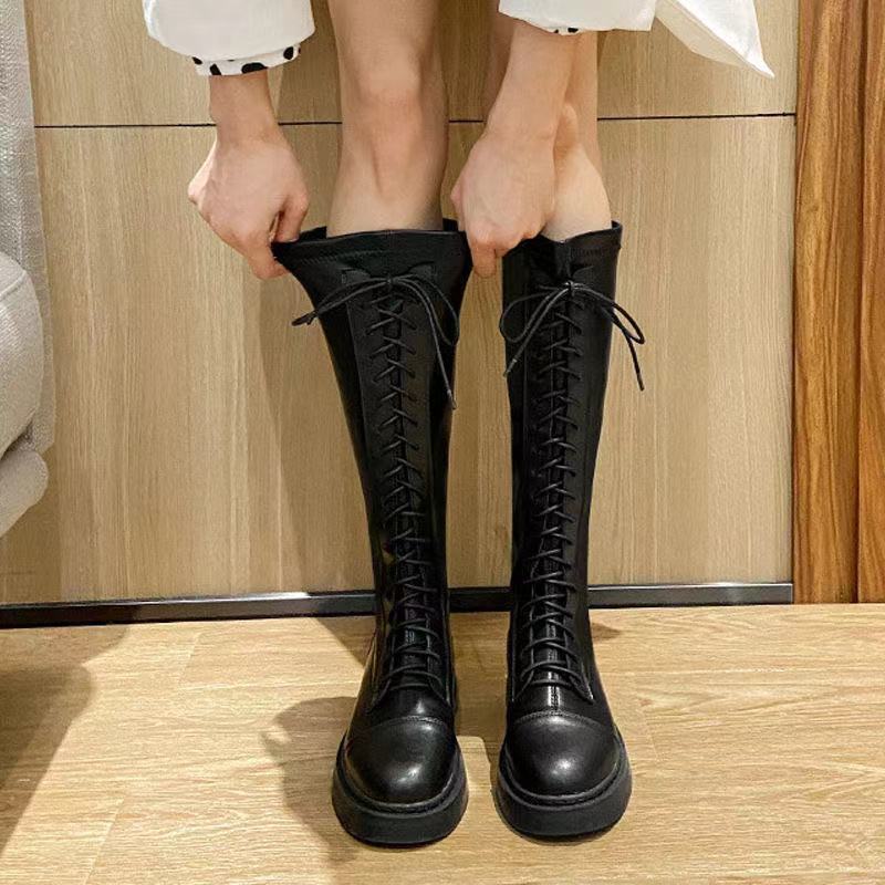 Martin boots black thick-soled slimming lace-up high boots knee-length riding boots for women 2021 new leather boots Martin boots black thick-soled slimming lace-up high boots knee-length riding boots for women 2021 new leather boots