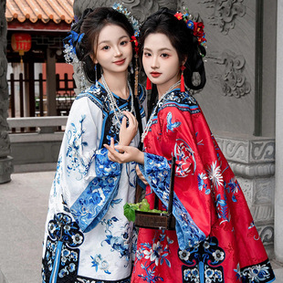 Qing Han women's girlfriends according to the Qing Dynasty women's horse-faced skirt heavy industry embroidery round neck purple Shanxi merchant young lady Gege clothing