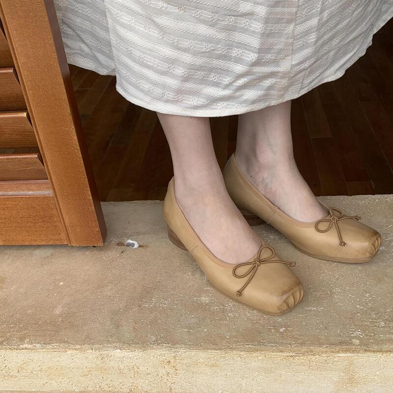 Cowhide Version of Genuine Leather Medieval Color Polished Square Toe Pig Nose Retro Ballet High-Heeled Shoes Shallow Mouth Mary Jane Shoes for Women