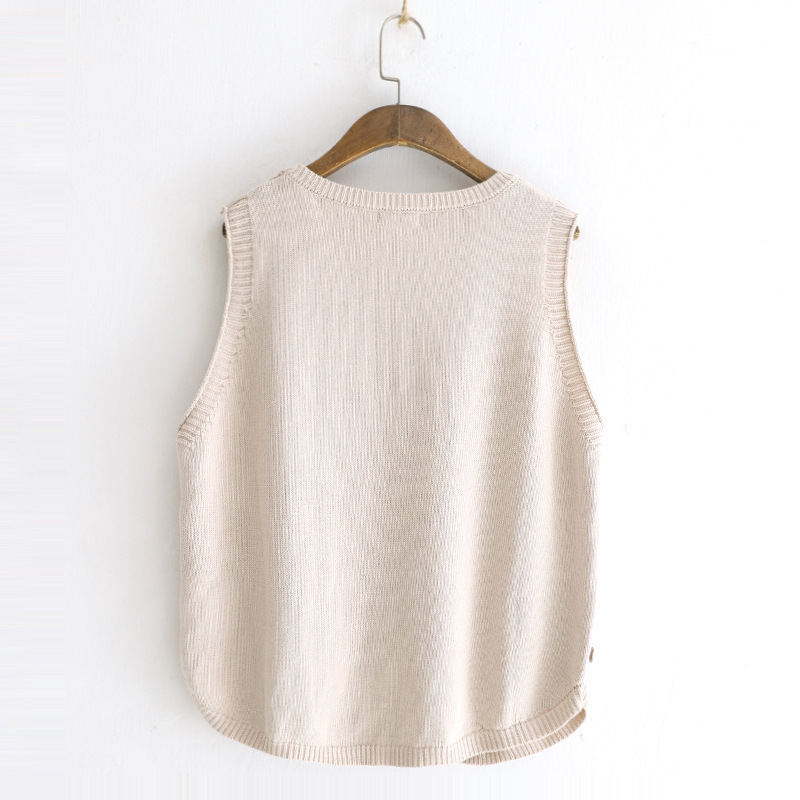 Otoño diseño artístico nicho color sólido Chaleco de punto giro de las mujeres sueltas de dos lados botón suéter chaleco superior