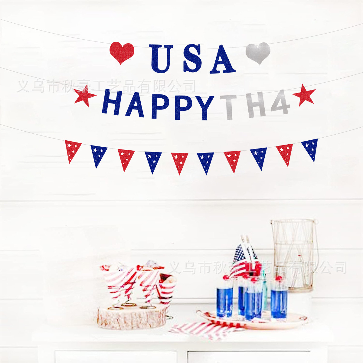 2024 nuevo rojo, azul y blanco elementos independientes de bandera de triángulo de bandera de cinco puntas transfronterizos flash decoración de fiesta de papel