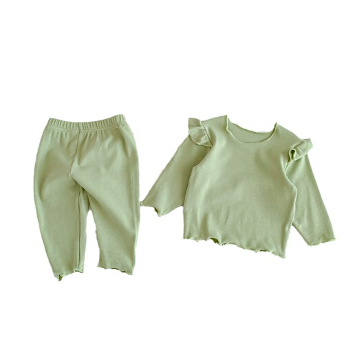 Korean style home clothes for infants and young children, sweet little flying sleeves tops and pants for baby girls, stretchy and comfortable cotton suit with fungus