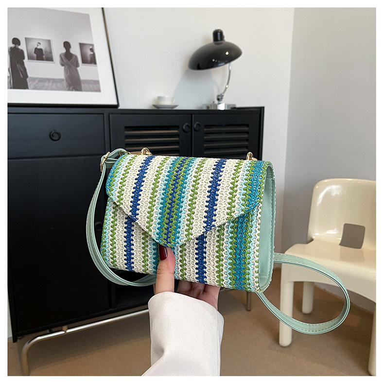 Square Shape Women's Straw Stripe Ethnic Style Classic Style Weave Square Magnetic Buckle Straw Bag