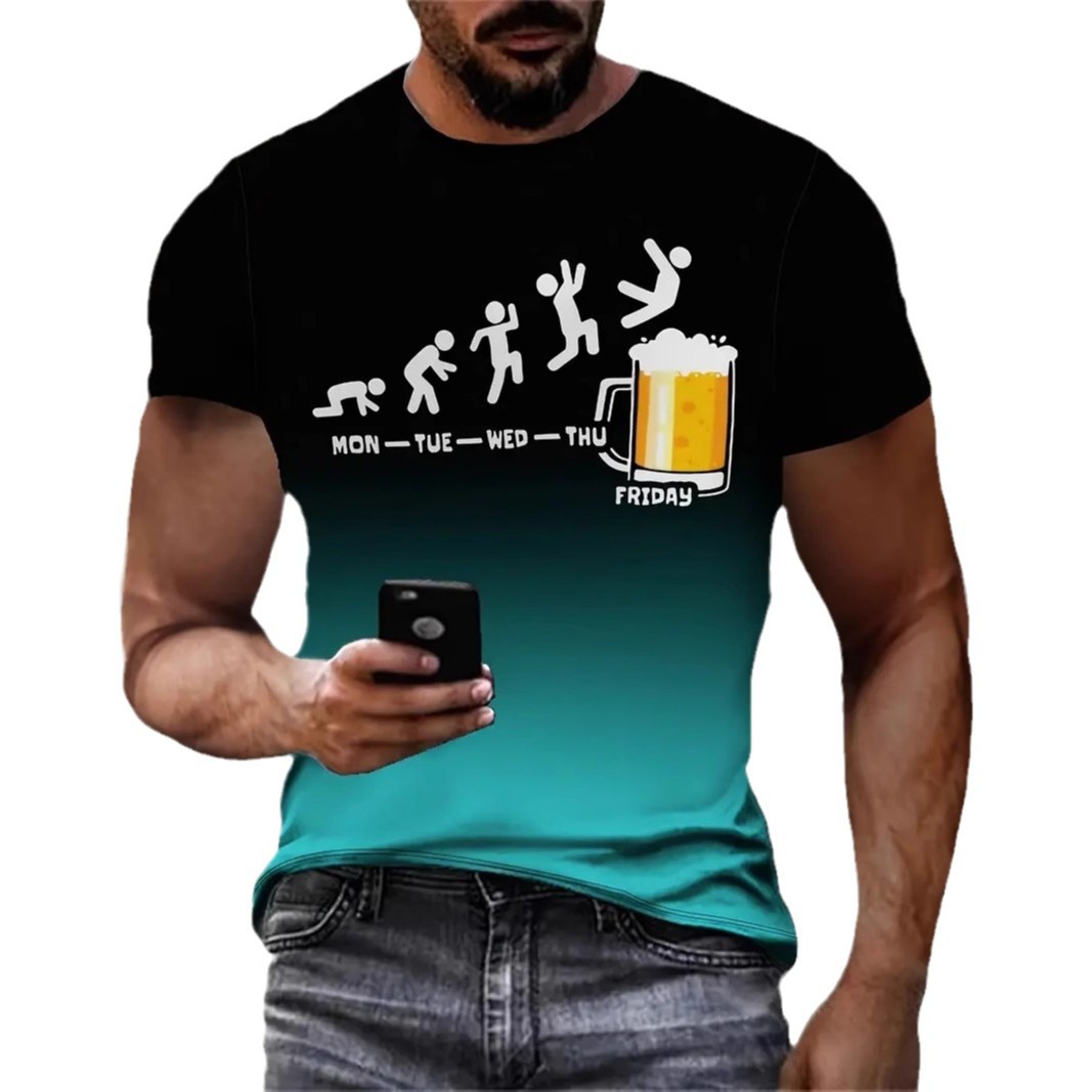 Fiesta de la cerveza color de fondo degradado impresión 3D hombre calle salvaje suelta transpirable manga corta cuello redondo camiseta en stock