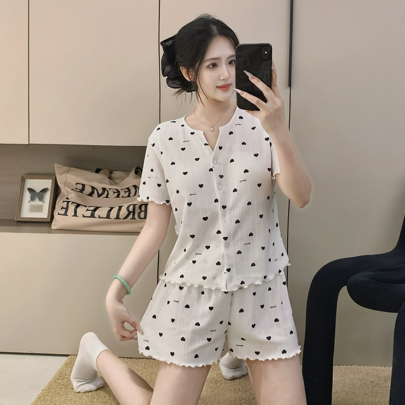 2026 New Summer Women's Pajamas, Knitted Cotton Cardigan, Round Neck, Sweet Double Short Home Wear, Thin Set for Outerwear