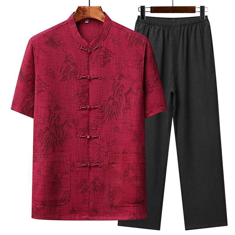 Main Push New Cotton and Linen Tang Dress Men's Chinese Short-sleeved Middle-aged Dad suit Old Grandpa high quality Clothes