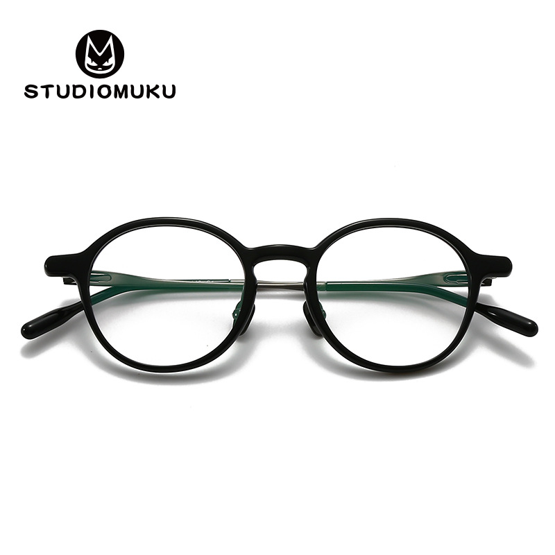 STUDIOMUKU Gafas de madera fresca Marco de gafas de diseño retro Placa Marco de gafas hecho a mano de titanio puro Marco de marco redondo