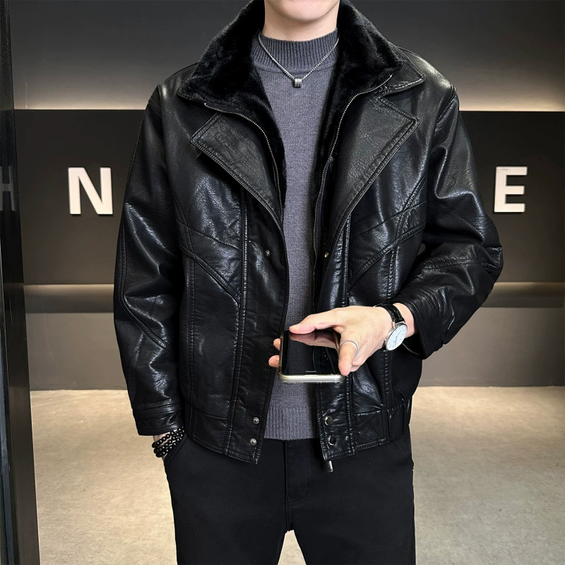 Leather jacket Zuoshan Pi Shuai motorcycle fake two-piece plush leather jacket