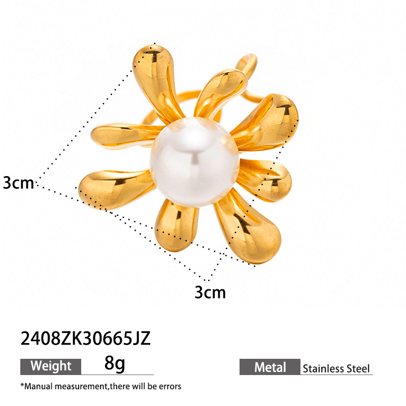 Anillo de acero inoxidable de titanio no se desvanece flores imitación de joyas de perlas joyas de venta caliente transfronterizas