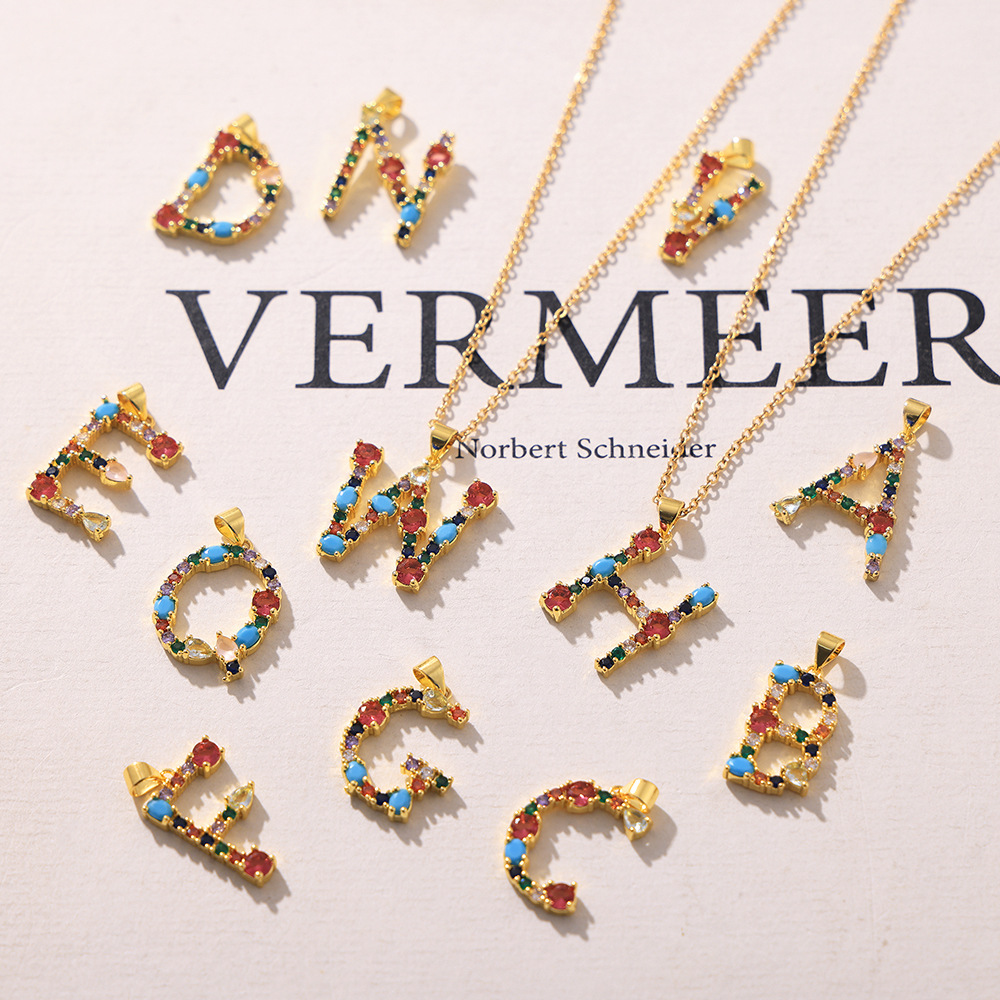 Cross-border new fashion inlaid color zircon blue turquoise 26 letters individual pendant copper gold-plated accessories for women