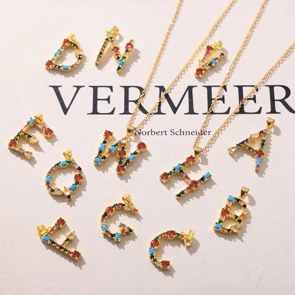 Cross-border new fashion inlaid color zircon blue turquoise 26 letters individual pendant copper gold-plated accessories for women