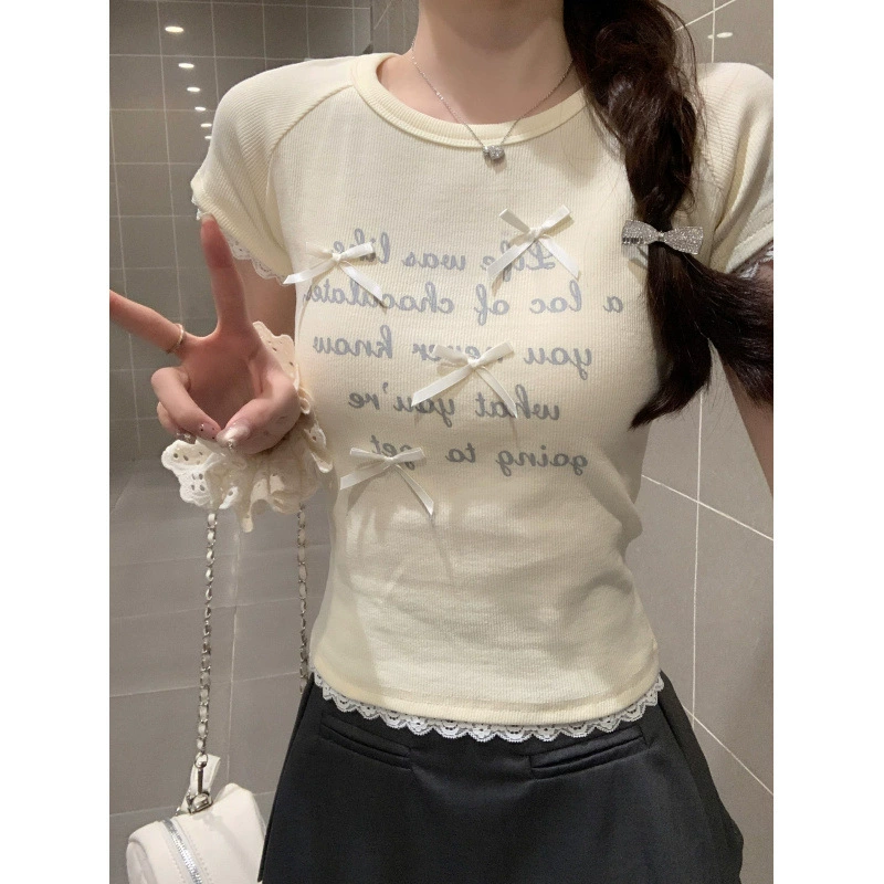 Реальный снимок и реальная цена. Весенне-летняя новая корейская кружевная футболка с короткими рукавами, женский модный короткий топ с бантом и принтом.