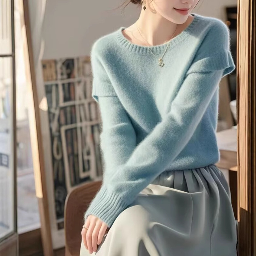 모헤어 블루 소프트 왁스 스웨터 가을과 겨울 새로운 디자인 센스 니쉬 하이 엔드 센스 기질 내부 여성용 니트 탑