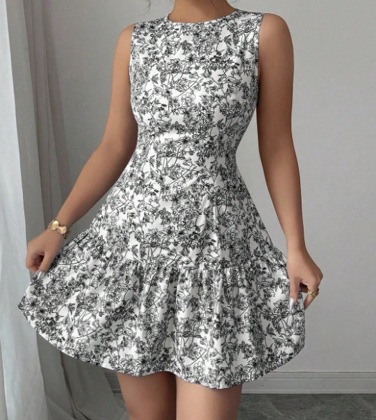 Women's Bohemian Style Floral Print Mini Dress Sleeveless Belted French Elegance Thin Summer Fashion Clothing_ecoleips.com