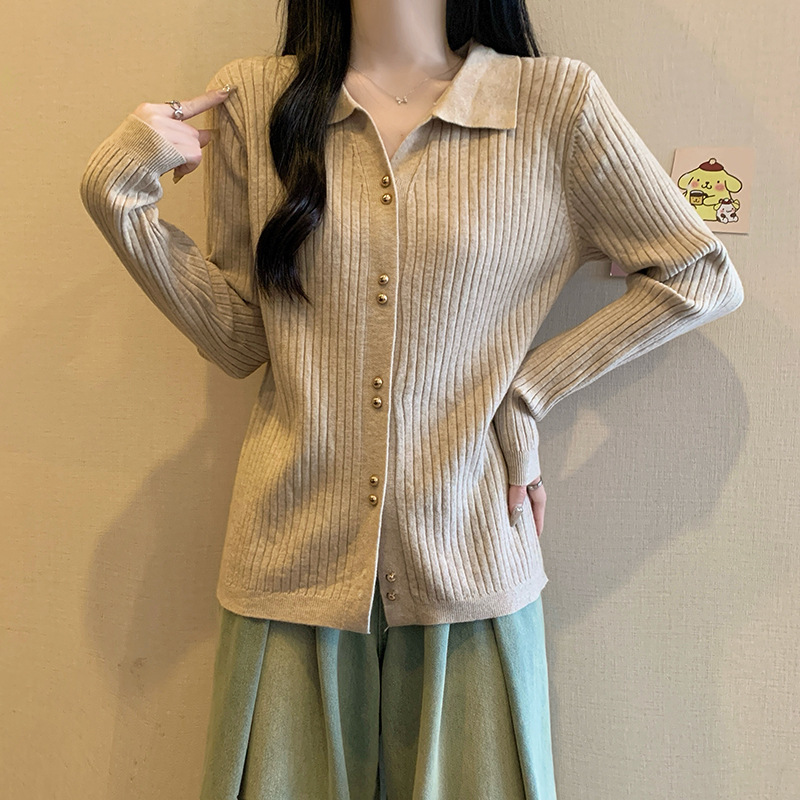 Jingya ポロカラートップ女性の秋の韓国スタイル長袖ニットカーディガン女性のセーターはお腹をカバーし、スリムでスタイリッシュなトップス|undefined