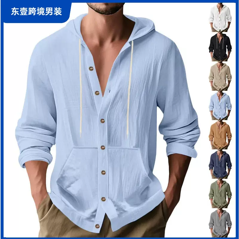 亚马逊跨境热卖季口袋棉麻休闲长袖衬衫连帽高品质潮流男士