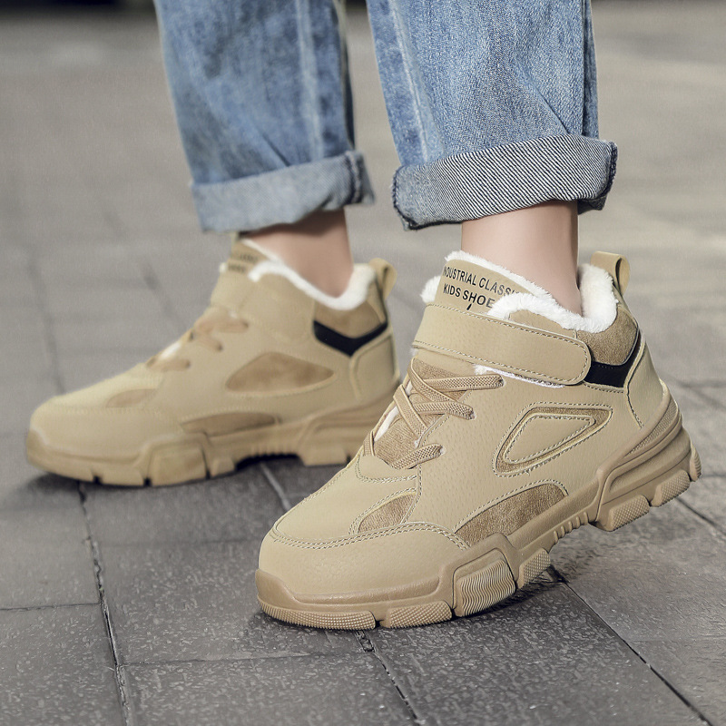 Children's snow boots with plush and thickened winter style boys' boots, waterproof khaki insulation, parent-child_voghion.com