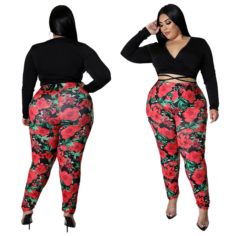 plus size solid color V-Neck Tight Top printed Pants Two-piece Set NSCYF122396