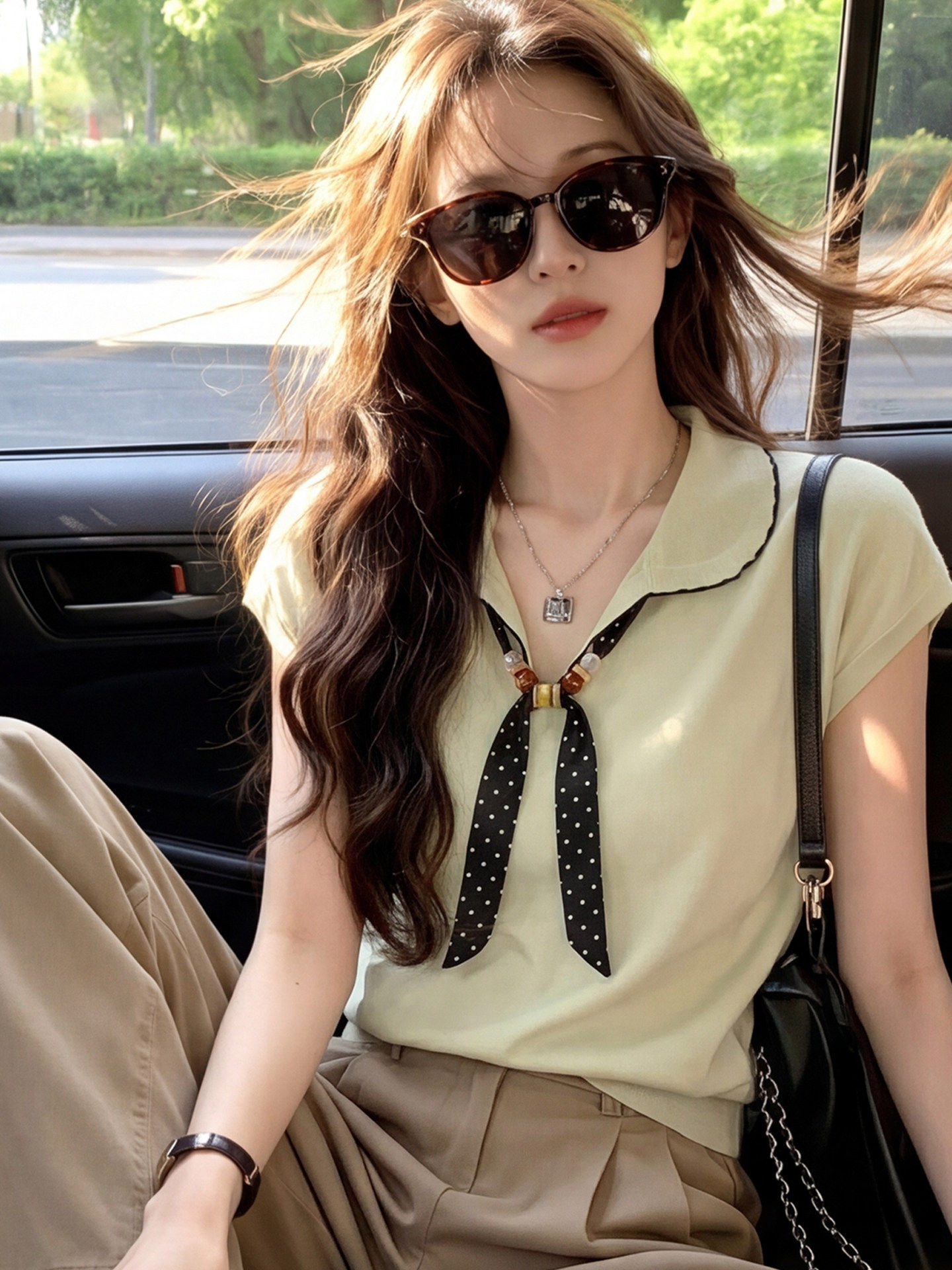 Áo thun nữ cổ tròn tay ngắn họa tiết chấm bi phong cách Pháp — Màu ảnh