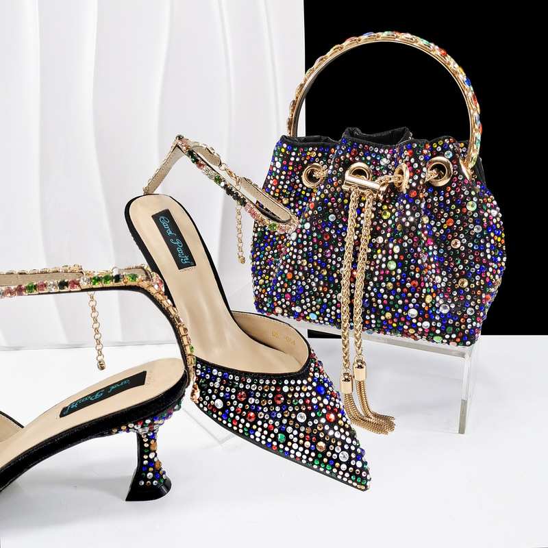 Full Rhinestone Pointed-Toe Back-Strap Women's Shoes with Matching Colorful Rhinestone Bucket Bag, Middle Eastern, European, and American Shoe and Bag Set, Cross-Border Supply