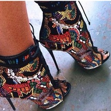 欧洲站七彩钻交叉绑带鱼嘴露趾高跟罗马凉鞋sexy heels外贸货源