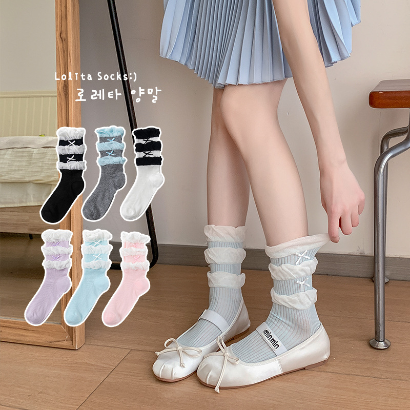 Calcetines mujer verano delgado de doble capa pliegues color caramelo dulce calcetines de tubo largo máquina todo en uno Lolita tubo medio