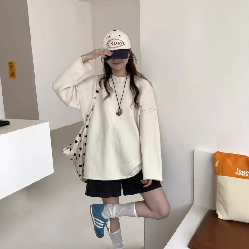俄罗斯跨境新款纯色宽松大码圆领反套设计感套头毛衣女厚实套头衫|undefined