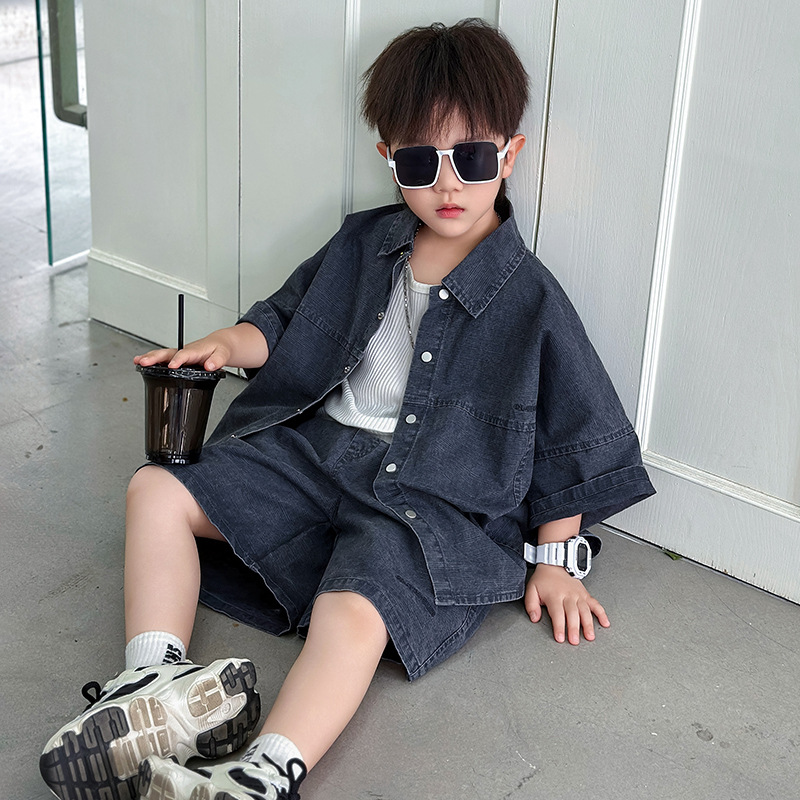 7364 traje de manga corta para niños verano 2025 nuevo estilo estilo occidental ropa para niños coreanos camisa de verano de dos piezas verano