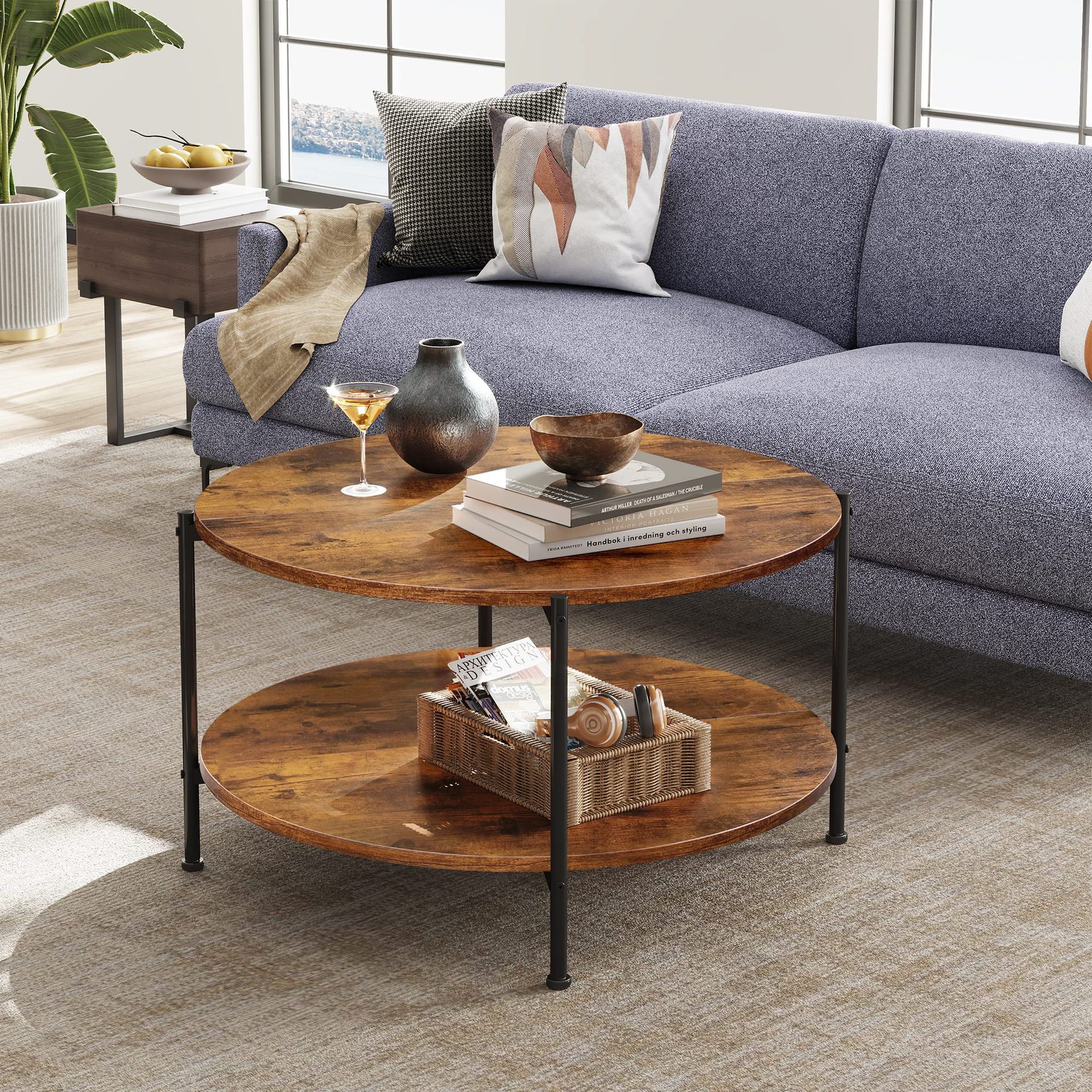 Wooden Round Coffee Table with Storage Shelf Round Wooden Center Table for Living Room Apartment Brown Storage
