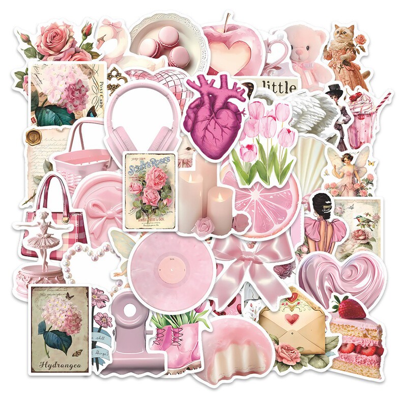 50 Pink Aesthetic Stickers for Children and Students, Phone Cases, Journals, Notebooks, Wholesale Cross-Border Decoration