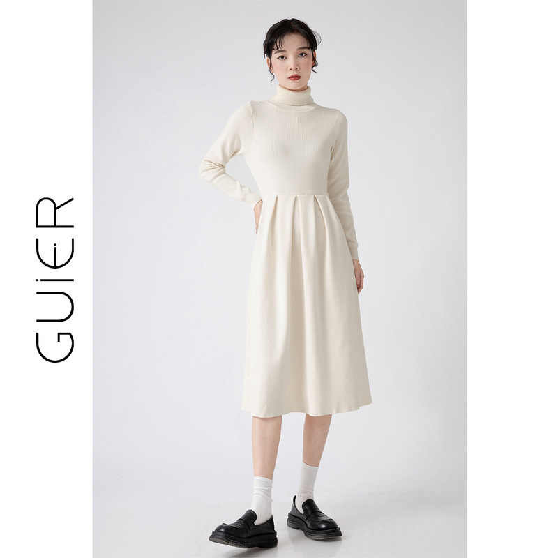 桂儿「包芯纱」黑色经典！复古高领针织连衣裙女春法式气质长裙子|undefined