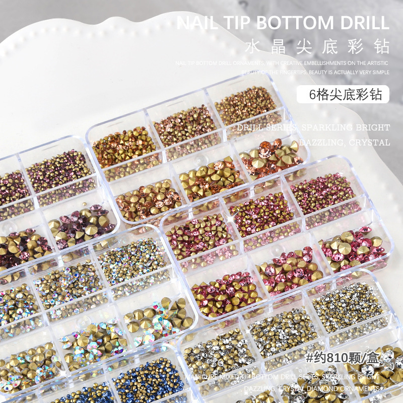 Nail Art Accessories Gold Base White Diamond Ab Colored Diamond Pointed Base 6-Grid Box Mixed Sizes Nail Pointed Base Diamonds Nail Art Accessories Gold Base White Diamond Ab Colored Diamond Pointed Base 6-Grid Box Mixed Sizes Nail Pointed Base Diamonds