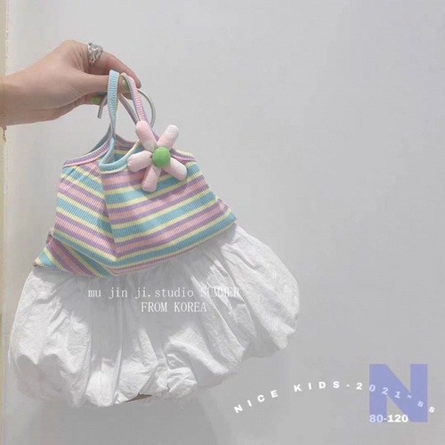 Summer 2025 Cute Baby Girl Fashion Glitter and Grace Style Rainbow 3D Small Flower Tank Top and Floral Pants Set