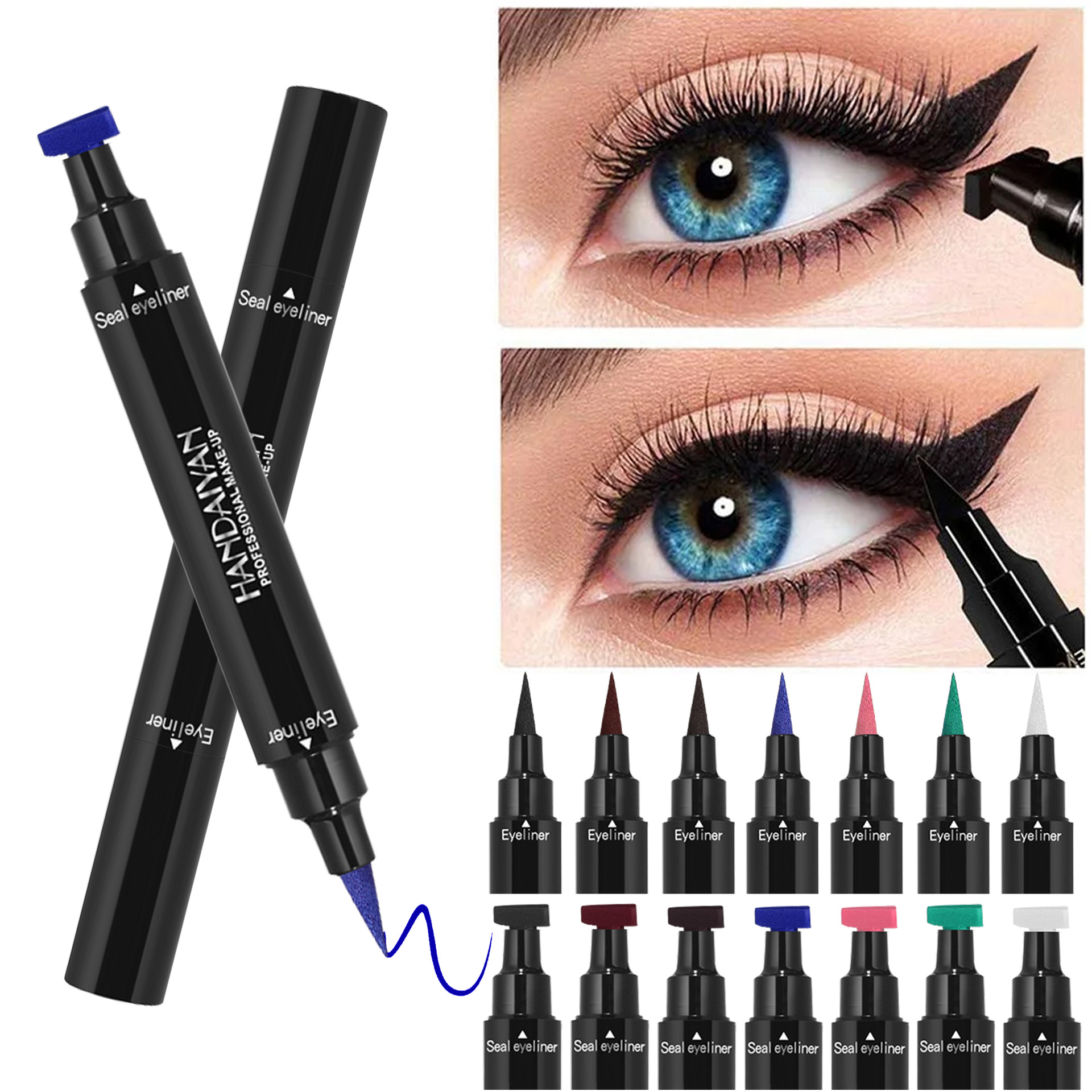Sello de delineador de ojos triangular colorido Handaiyan delineador de ojos a prueba de agua a prueba de sudor rápido secado transfronterizo doble delineador de ojos