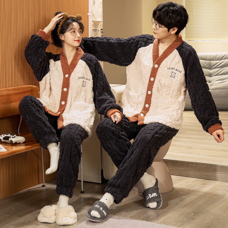 (2개) 커플 파자마 겨울 산호 털 가을 겨울 두꺼워진 한 남자 한 여자 플러스 털 따뜻한 플란넬 홈 옷 정장