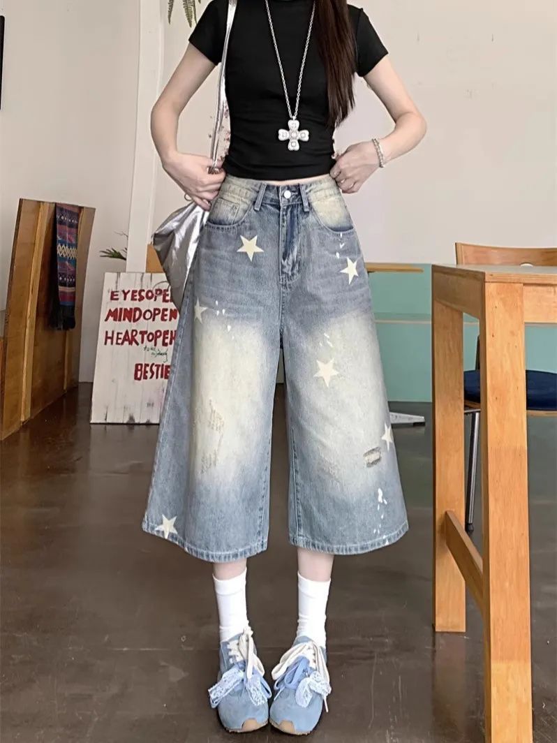 American Retro Design Star Print Versatile Jeans Women's Summer High-Waisted Slimming Wide-Leg Cropped Pants