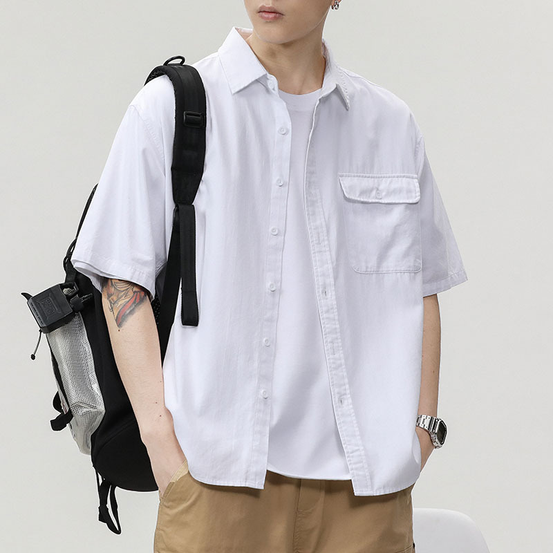 American style workwear short sleeve shirt men summer solid color lapel pocket casual shirt pure cotton shirt casual set fashion