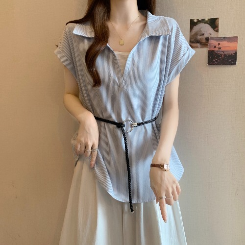 大码女夏季蓝色条纹假两件短袖衬衫胖mm显瘦遮肚收腰法式漂亮上衣|undefined