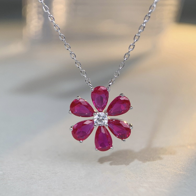 Glam Flower Sterling Silver Inlay Zircon Pendant Necklace