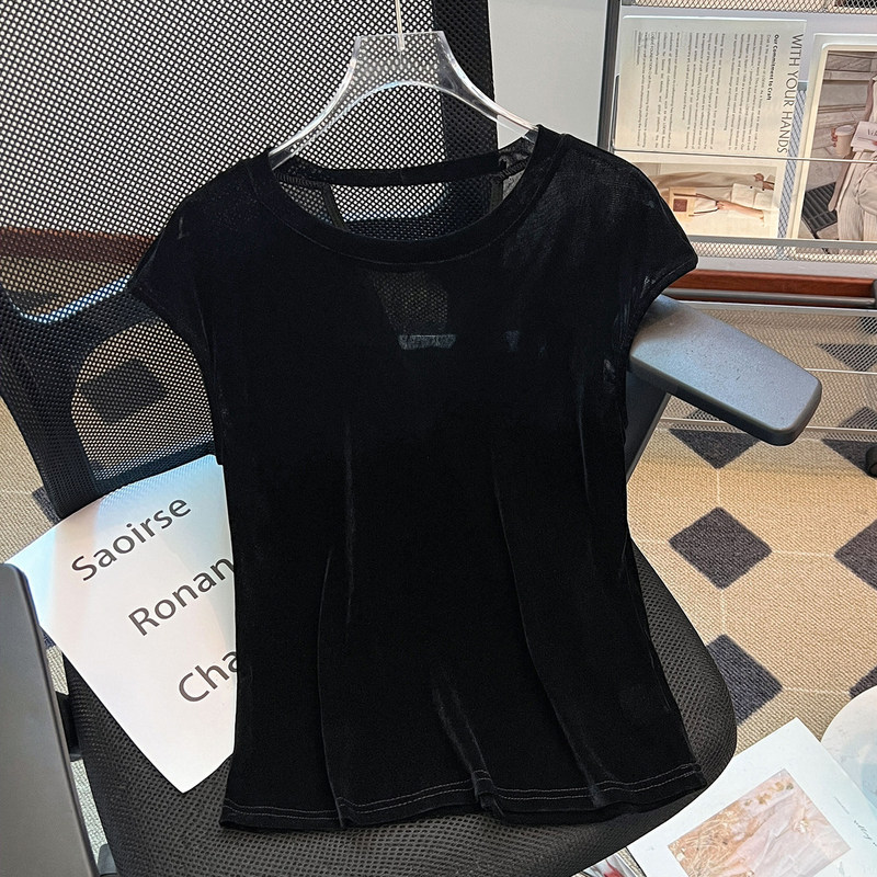 Black thin gold velvet round-neck sleeveless T-shirt for women, 2026 summer new style, elegant and relaxed look top
