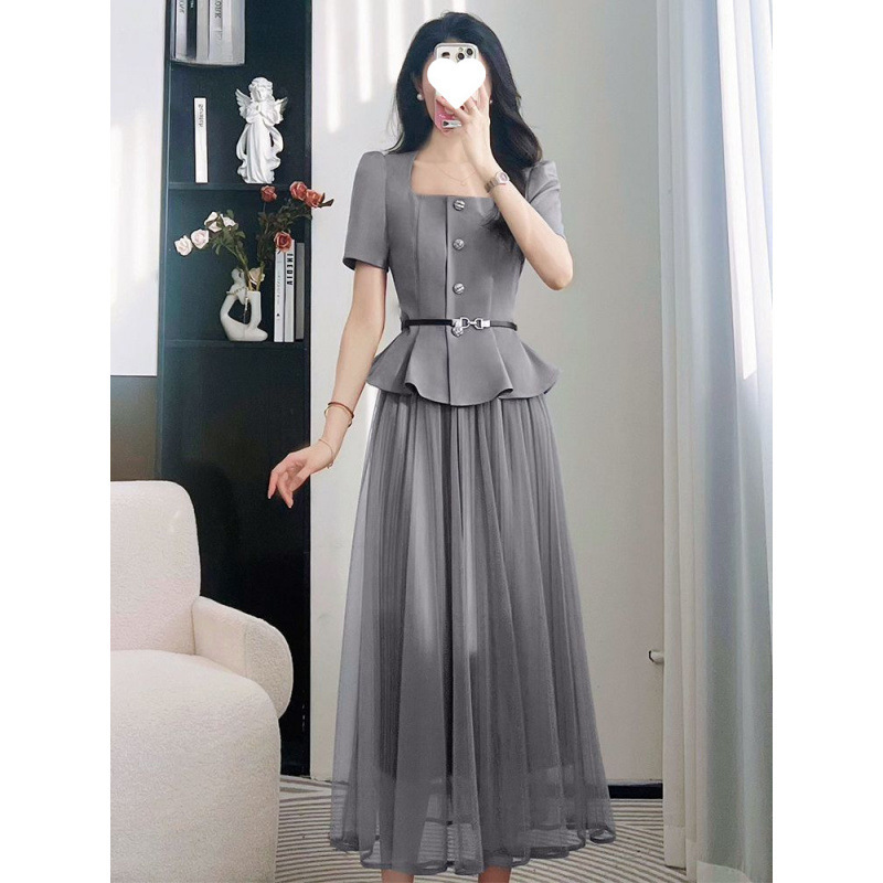 大码女装灰色连衣裙女夏修身气质大方得体正式场合穿