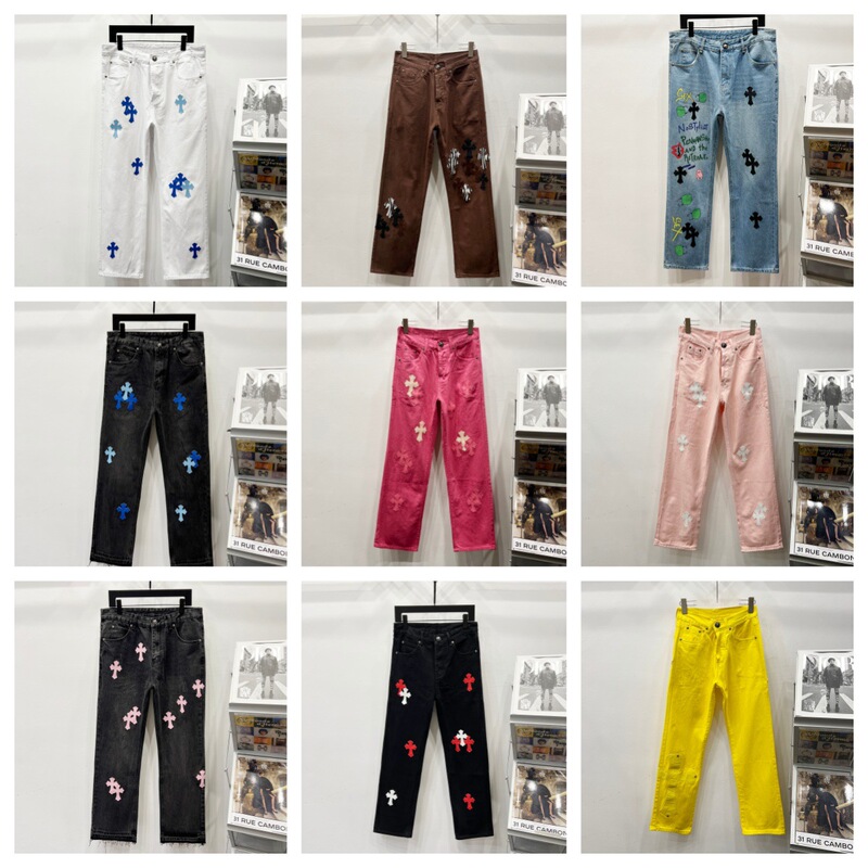 Foreign Trade Correct Version Ch Croo Jeans Black and White Leather Label Cross Men's Pants Wide-Leg Fashion Loose Men's Pants Foreign Trade Correct Version Ch Croo Jeans Black and White Leather Label Cross Men's Pants Wide-Leg Fashion Loose Men's Pants